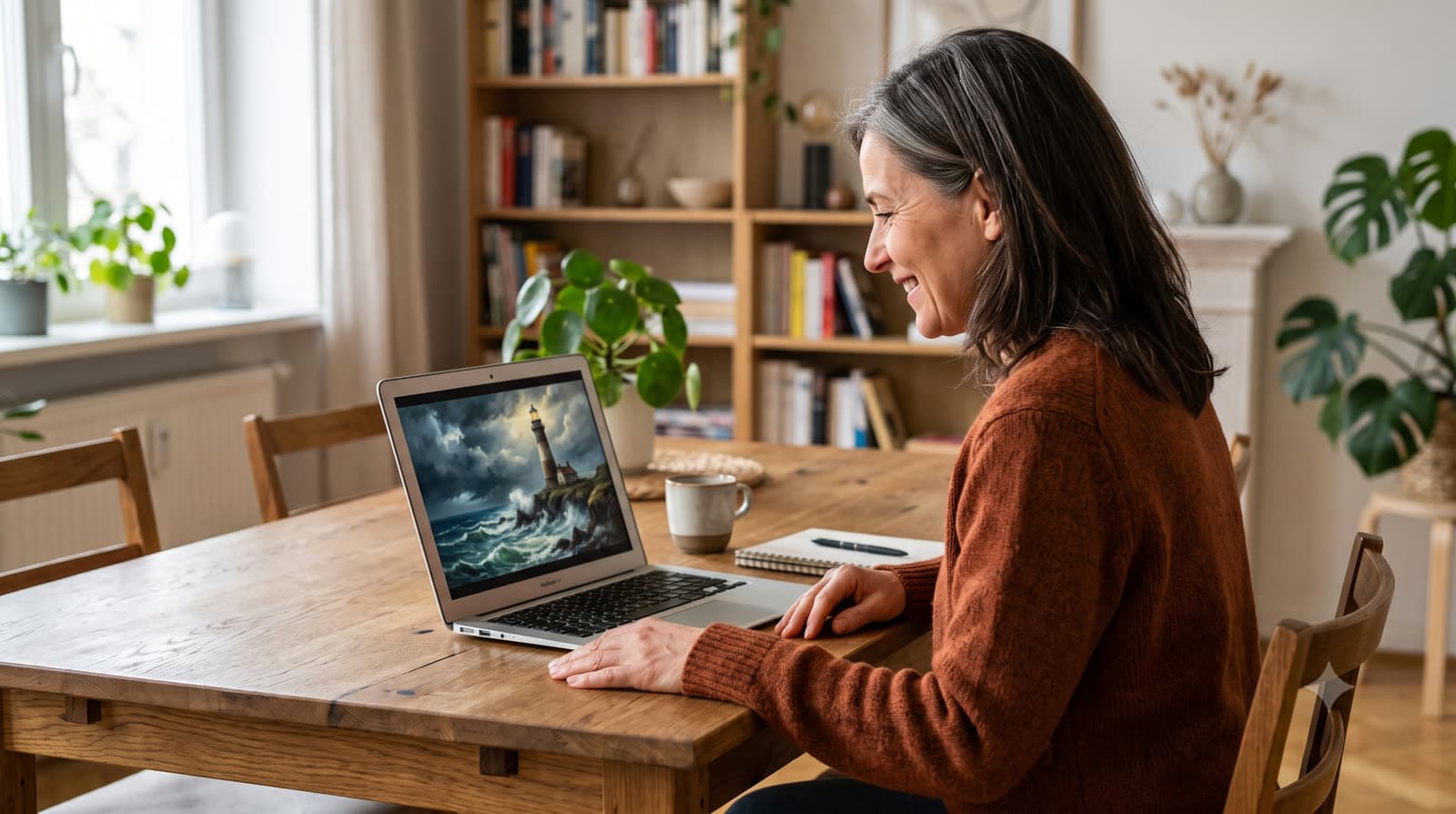 Frau Mitte 50 sitzt lachend am Holztisch vor einem aufgeklappten Laptop, auf dessen Bildschirm ein gemaltes Bild eines Leuchtturms im Sturm zu sehen ist