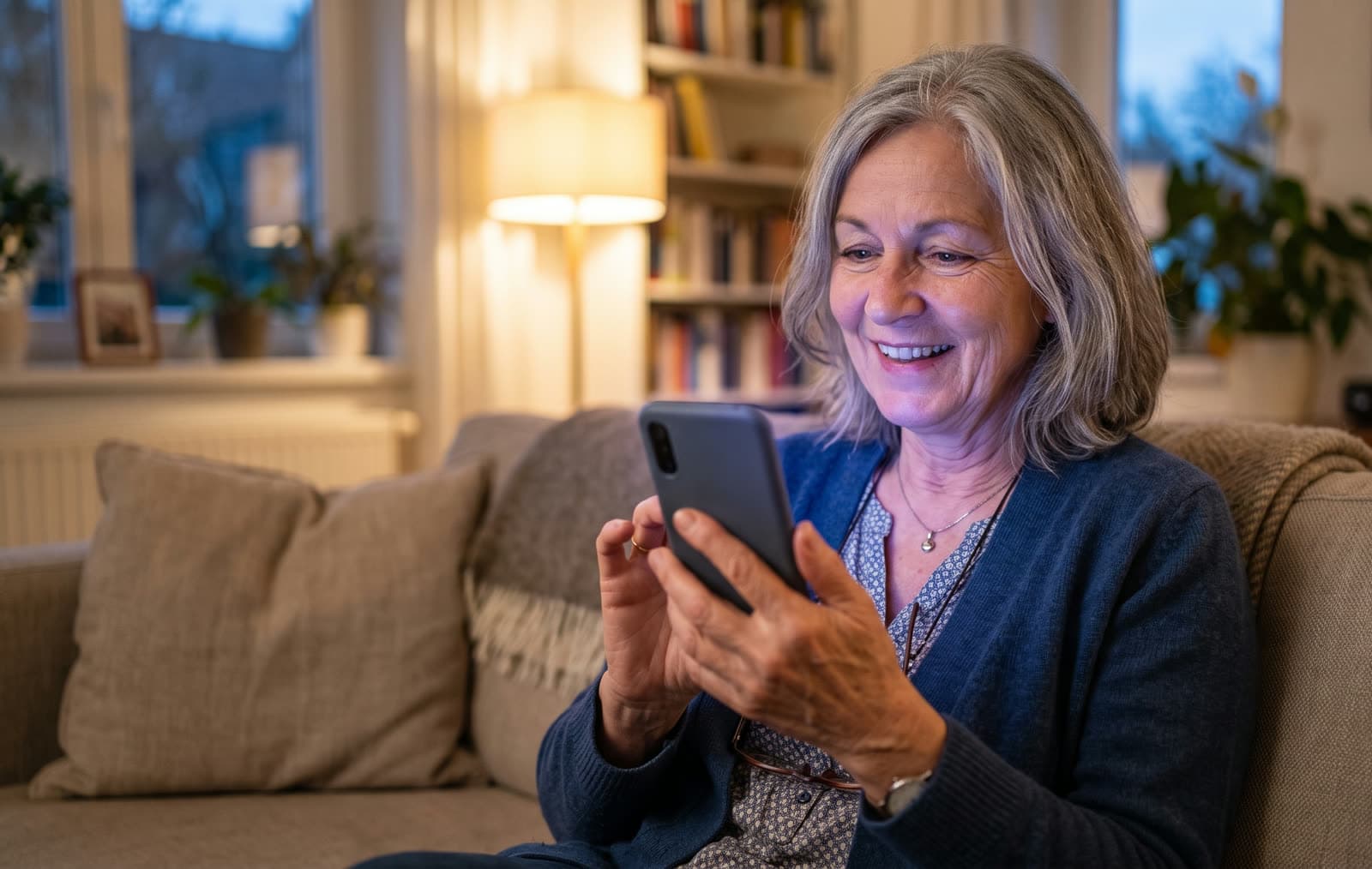Frau Mitte 60 mit grauem Haar sitzt lächelnd abends auf dem Sofa und schaut auf ihr Smartphone