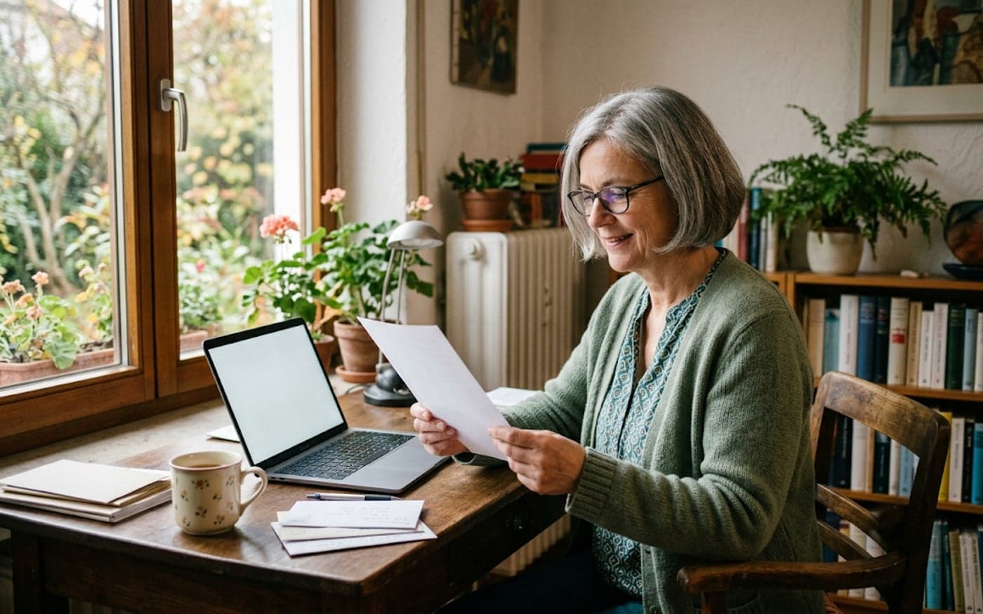Eine Frau um die 60 mit grauem Bob und Brille sitzt am Schreibtisch am Fenster und liest zufrieden ein frisch ausgedrucktes Blatt, daneben ein aufgeklappter Laptop, eine Tasse und ein Stapel Briefumschläge