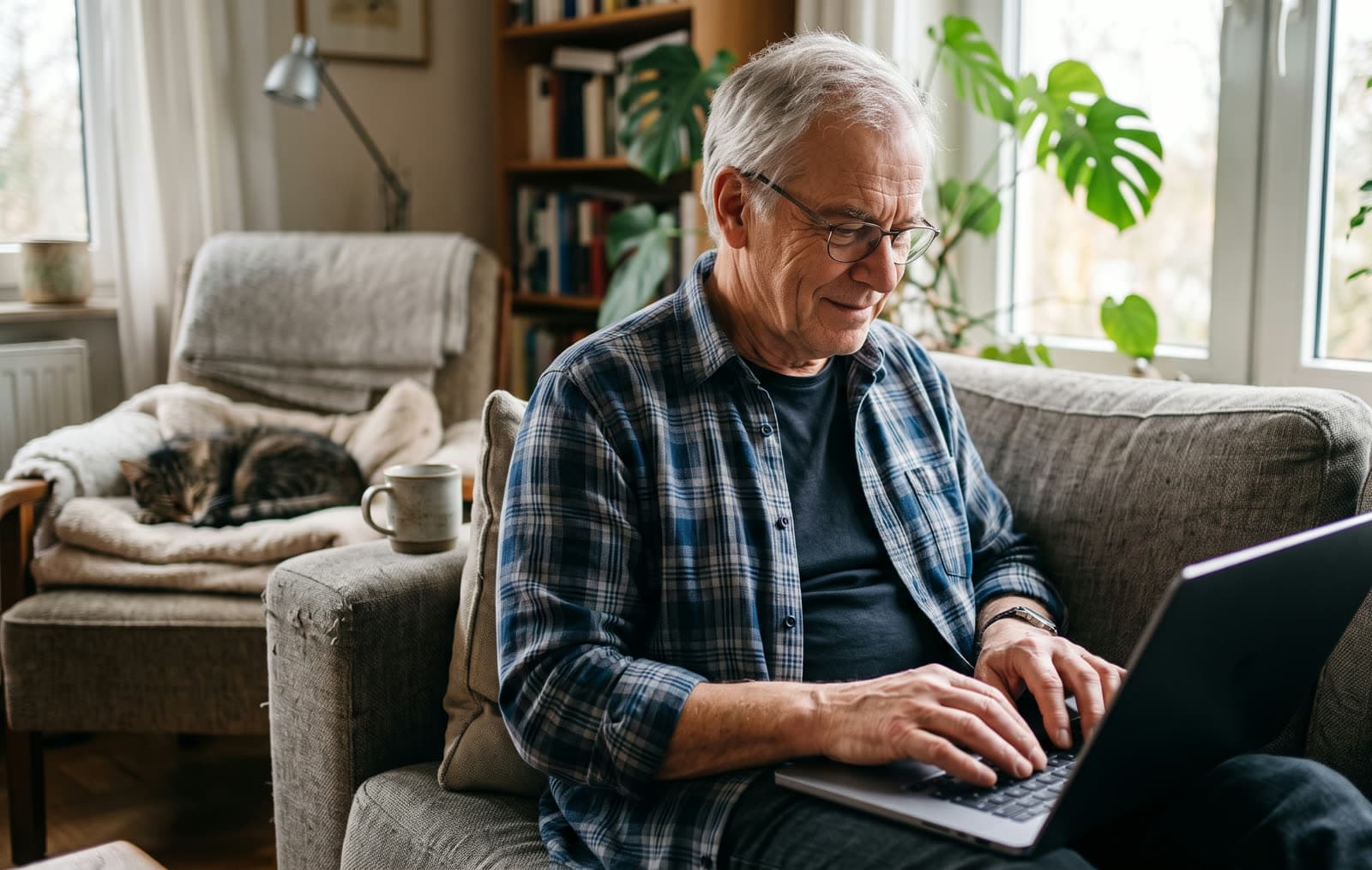 Mann Mitte 60 mit grauem Haar und Brille sitzt entspannt auf dem Sofa und tippt auf seinem Laptop, eine Katze schläft im Hintergrund