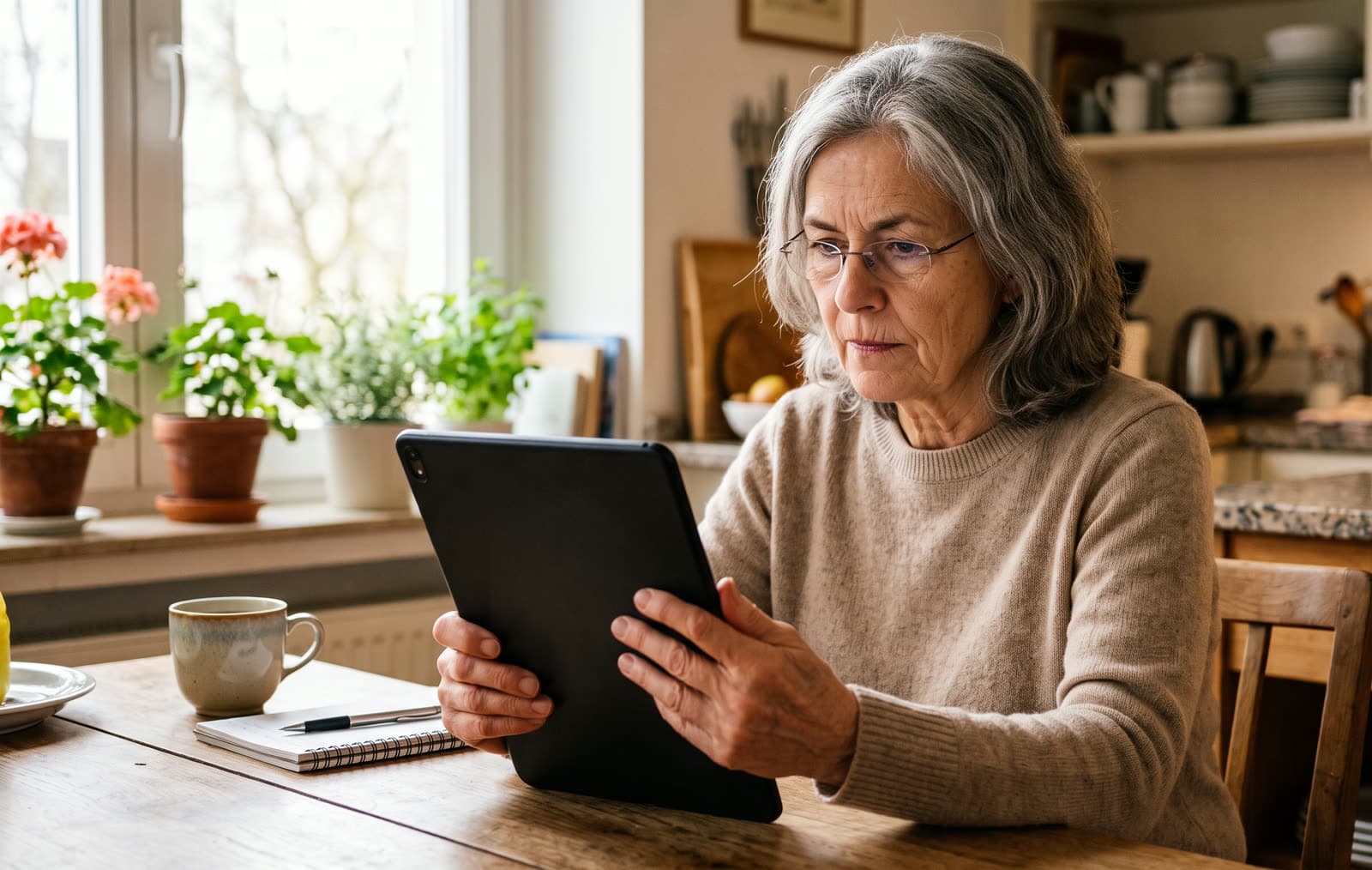 Frau Anfang 60 mit grauem Haar und Brille schaut skeptisch-konzentriert auf ein Tablet, das sie mit beiden Händen hält