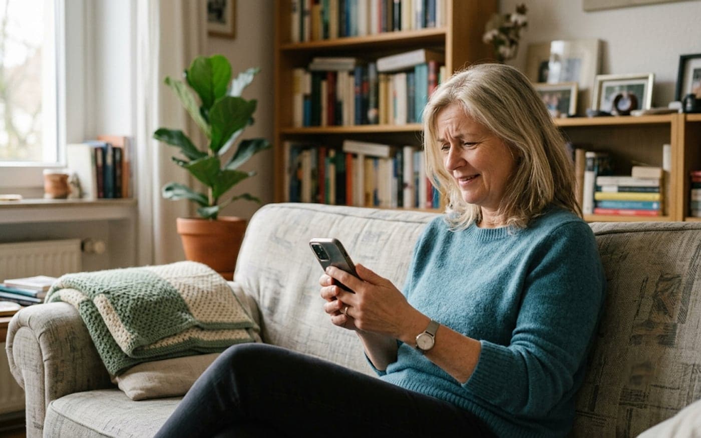 Eine Frau um die 60 sitzt seitlich auf dem Sofa im Wohnzimmer, hält ihr Smartphone in beiden Händen und schaut belustigt und leicht ratlos darauf, dahinter ein Bücherregal und eine Zimmerpflanze