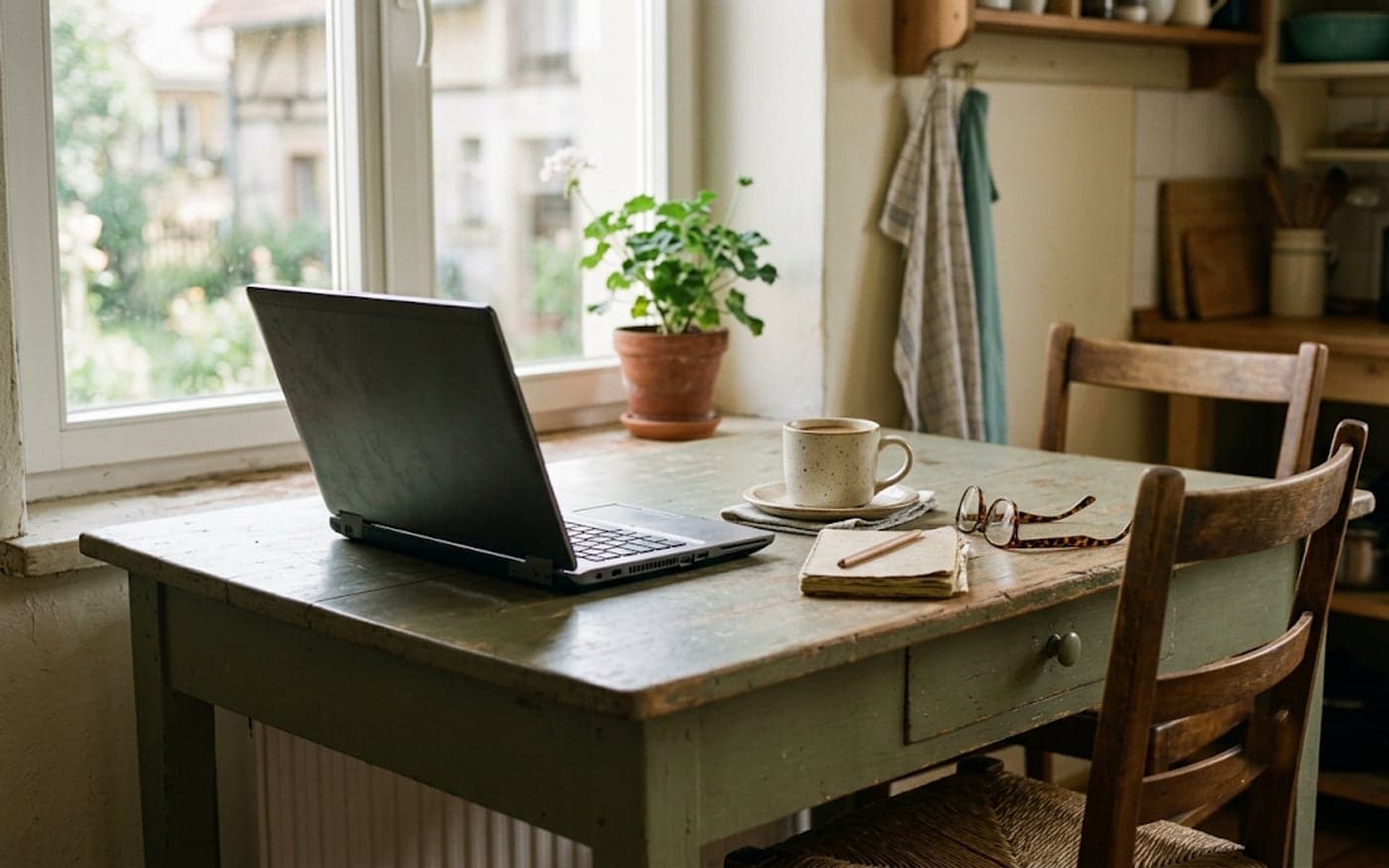 Ein grün gestrichener Küchentisch am Fenster mit aufgeklapptem Laptop, einer Tasse Kaffee, einem Notizblock mit Bleistift und einer Lesebrille, davor ein leerer Stuhl