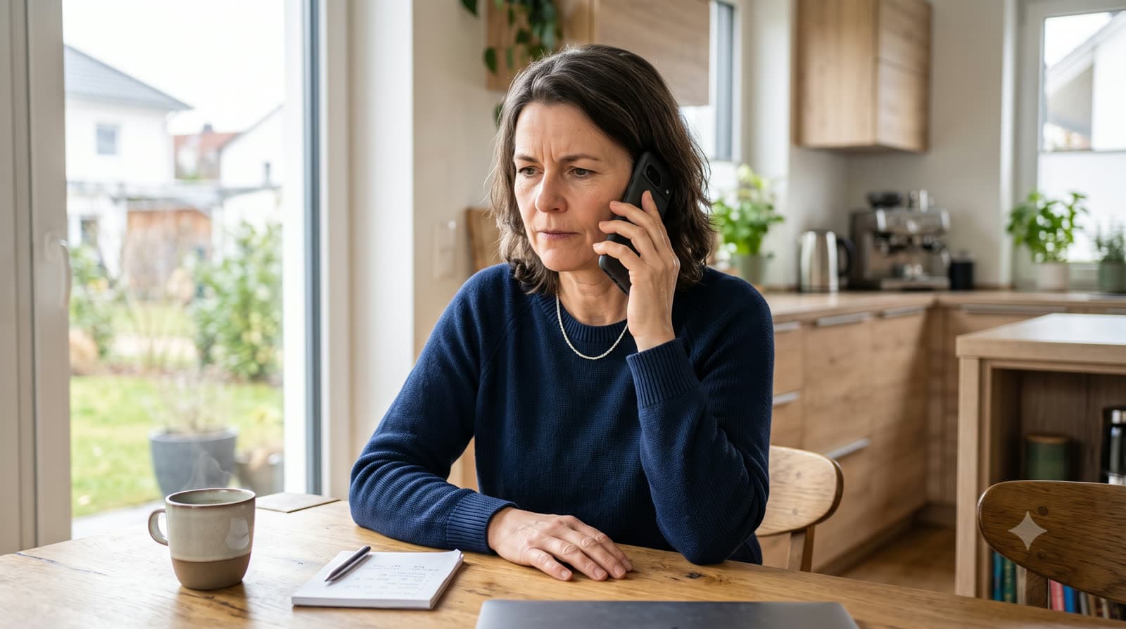 Frau um die 60 sitzt besorgt mit dem Smartphone am Ohr in der Küche am Tisch, vor ihr ein Notizblock
