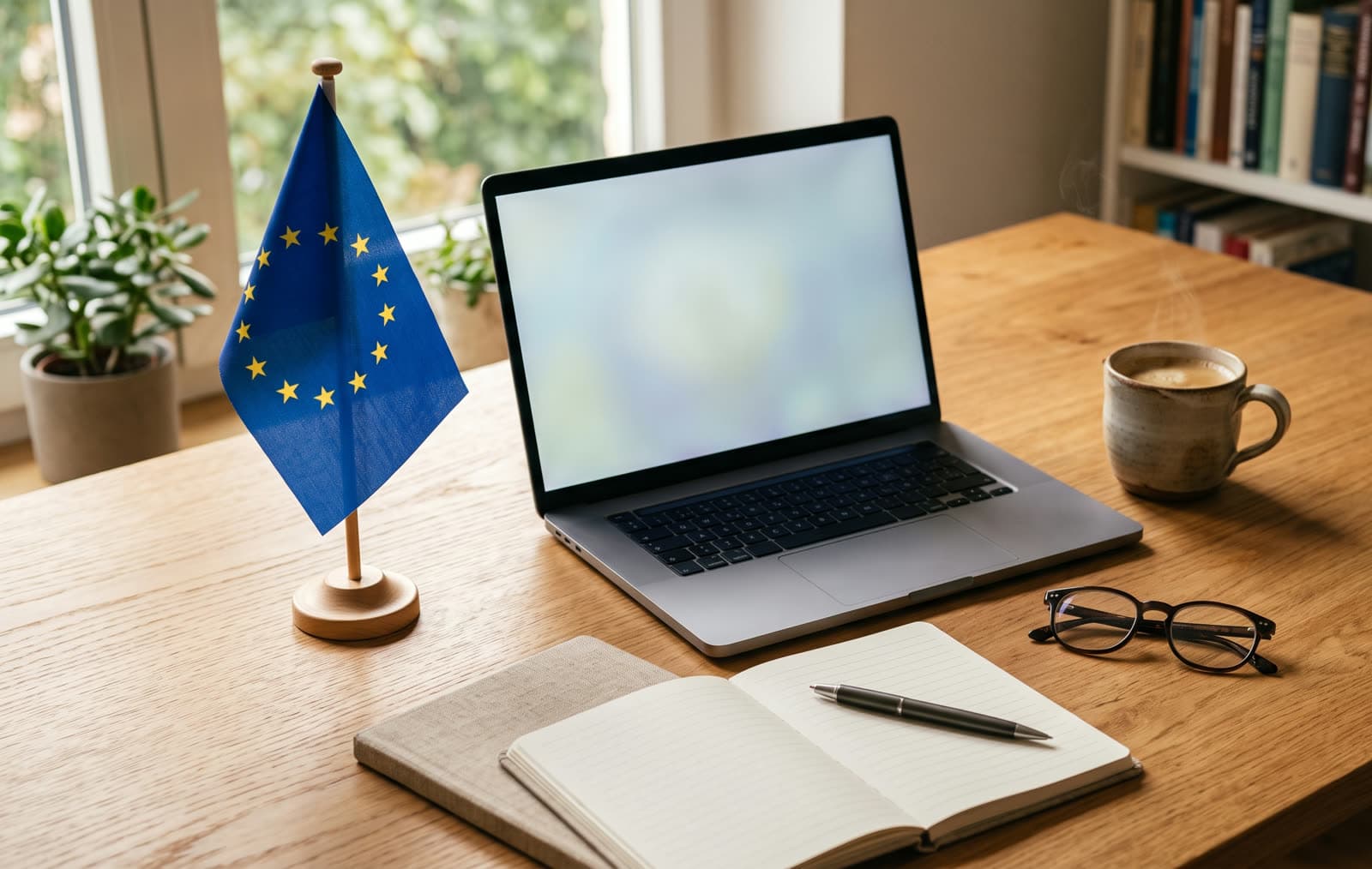 Schreibtisch mit kleiner EU-Tischflagge neben einem aufgeklappten Laptop, Kaffeetasse, Notizbuch und Lesebrille