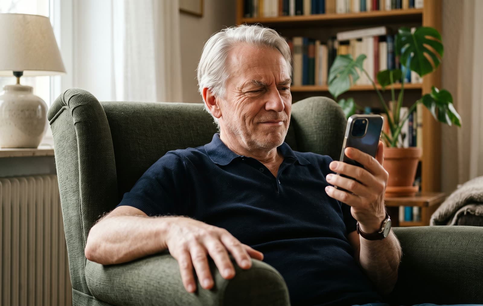 Mann Mitte 60 mit grauem Haar sitzt im Sessel und schaut skeptisch auf sein Smartphone