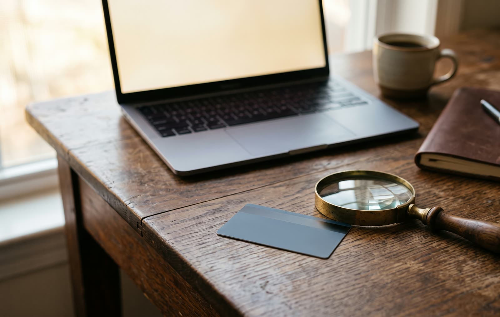 Stillleben auf einem Holztisch: aufgeklappter Laptop, eine neutrale Kreditkarte und eine altmodische Lupe