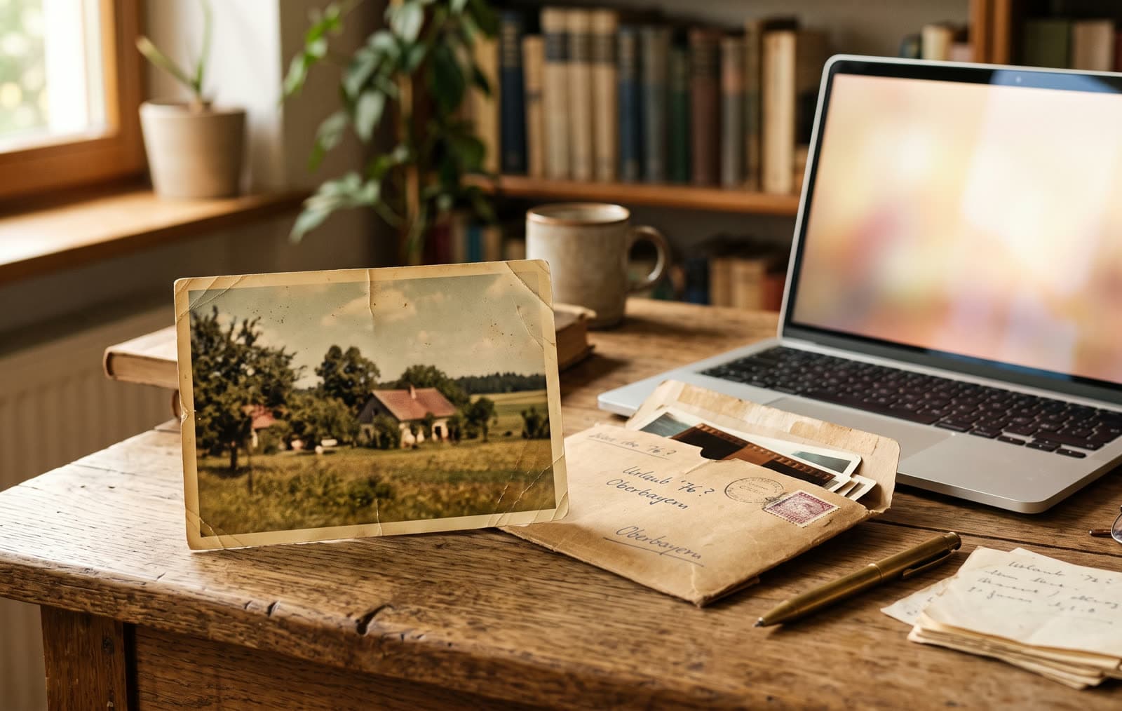 Stillleben: ein altes verblasstes Foto einer Landschaft mit Haus, ein Briefumschlag und ein aufgeklappter Laptop auf einem Holztisch