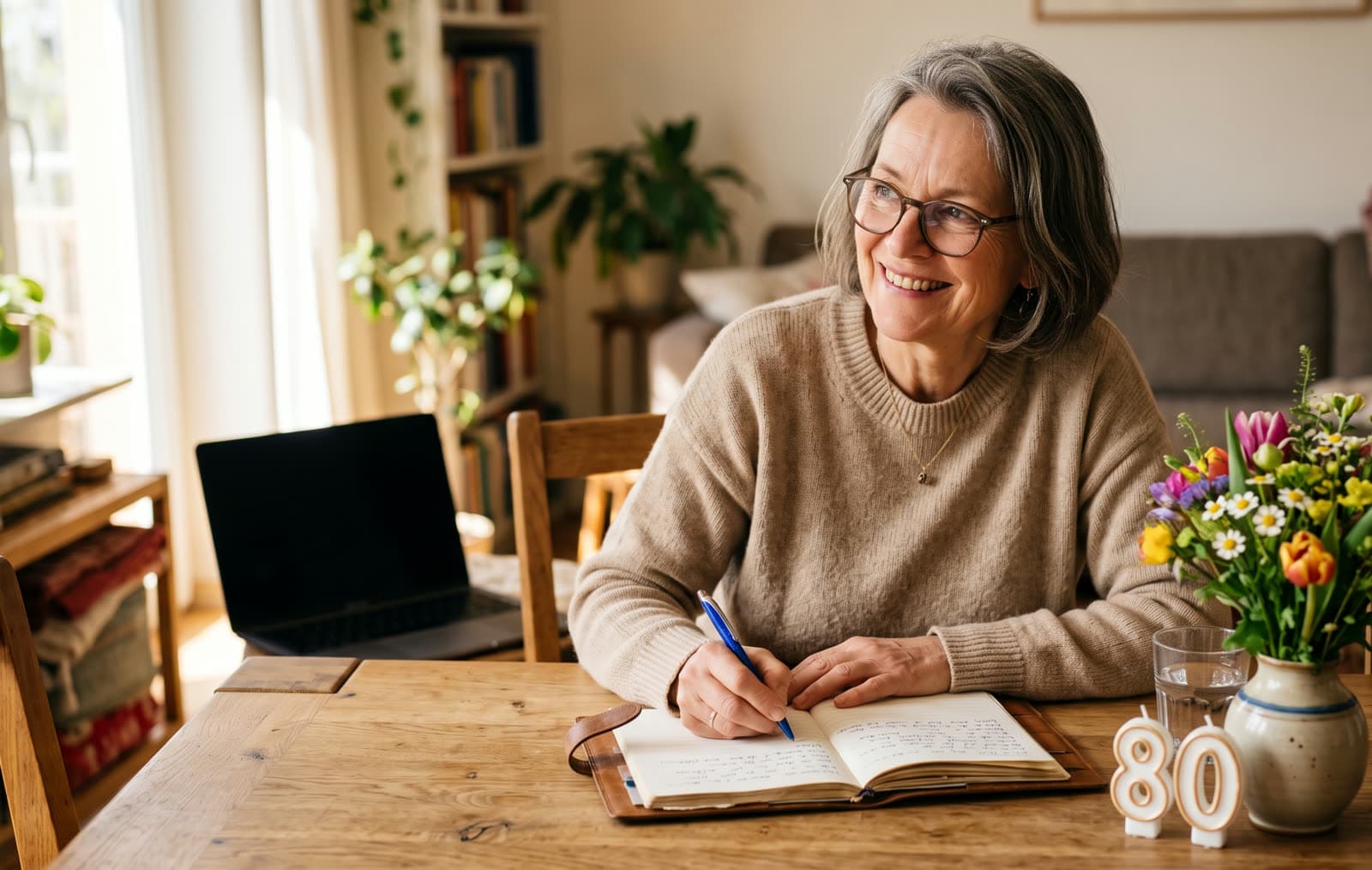 Frau Mitte 60 mit grauem Haar und Brille schreibt lächelnd in ein Notizbuch, daneben ein Blumenstrauß und eine Deko-Kerze in Form einer 80