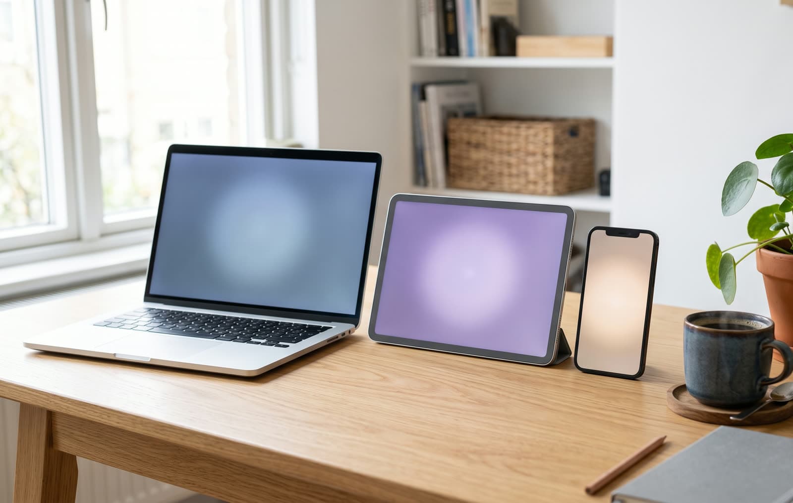 Laptop, Tablet und Smartphone stehen nebeneinander auf einem Schreibtisch, jedes Gerät leuchtet in einem anderen sanften Farbton