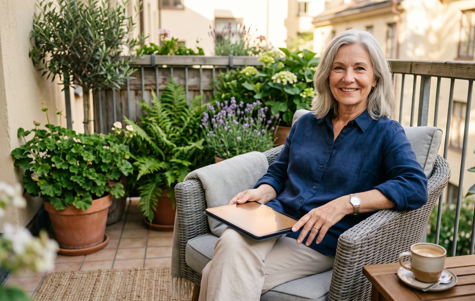 Frau Anfang 60 mit grauem Haar sitzt lächelnd auf einem Balkon zwischen Blumentöpfen, ein Tablet auf dem Schoß