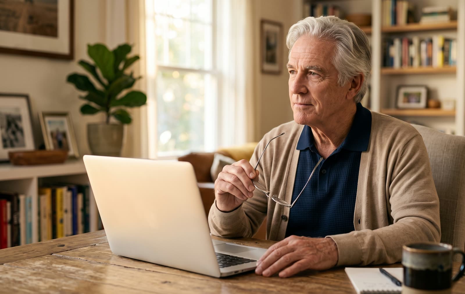 Mann Mitte 60 mit grauem Haar sitzt ruhig-nachdenklich am Laptop, die Lesebrille in der Hand