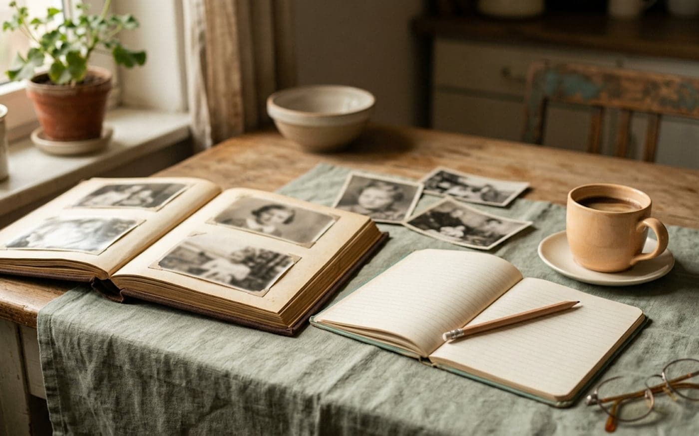 Ein aufgeschlagenes altes Fotoalbum mit schwarz-weißen Familienfotos auf einem Küchentisch, daneben lose Abzüge, ein aufgeschlagenes liniertes Notizbuch mit Bleistift, eine Kaffeetasse und eine Lesebrille