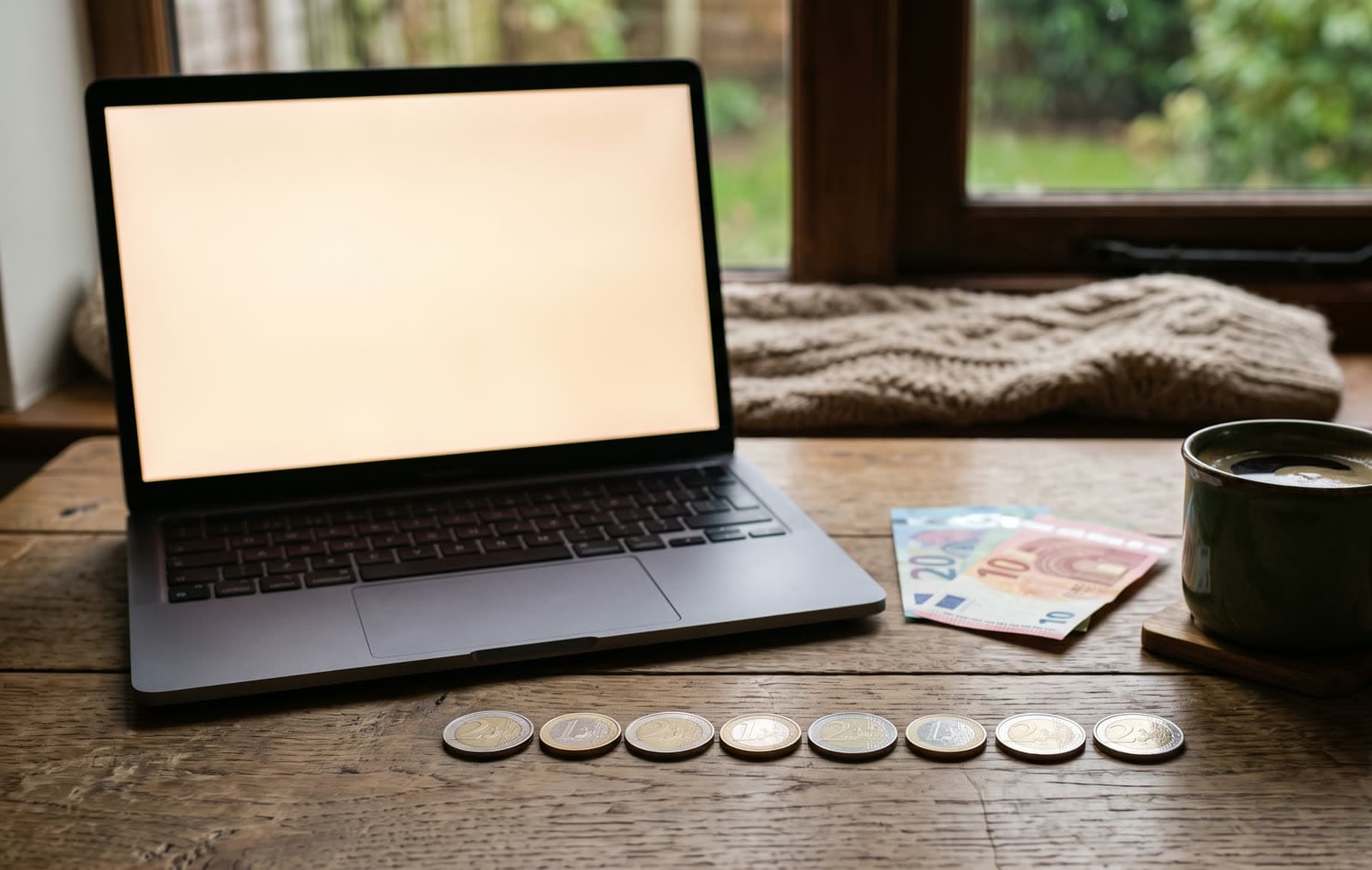 Stillleben: ein aufgeklappter Laptop, Euro-Münzen in einer Reihe und Geldscheine neben einer Kaffeetasse auf einem Holztisch
