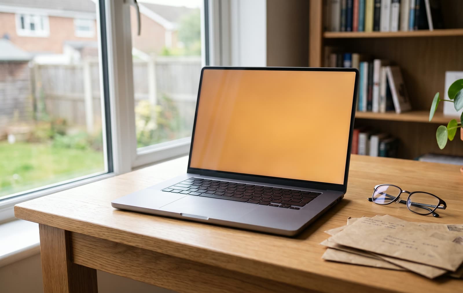 Aufgeklappter Laptop mit leuchtendem Bildschirm auf einem Holzschreibtisch am Fenster, daneben eine Lesebrille und ein Stapel brauner Briefumschläge