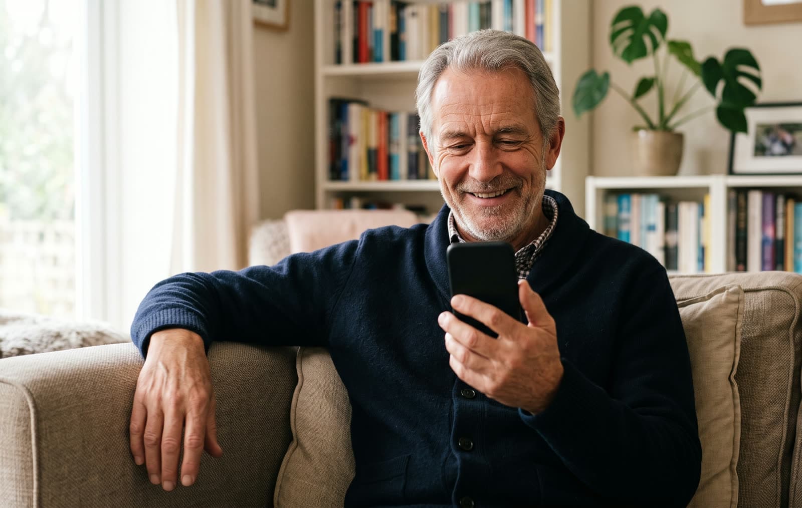 Ein lächelnder Mann mit grauem Haar sitzt auf dem Sofa und liest eine Nachricht auf seinem Smartphone