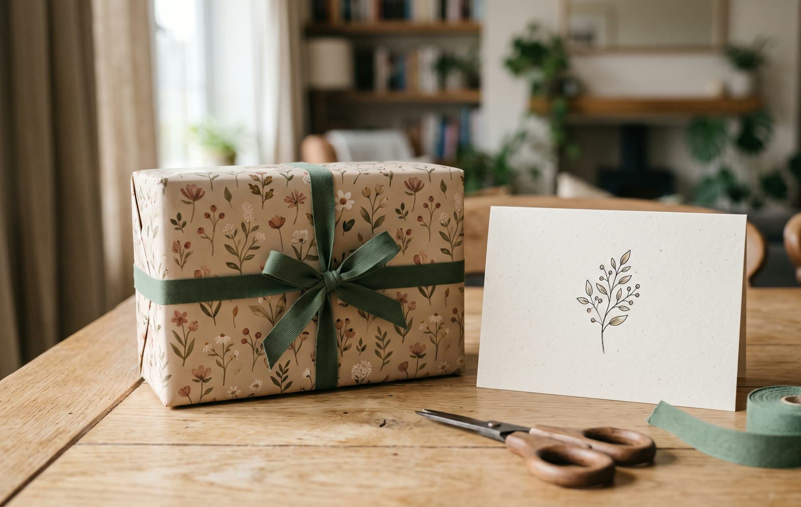 Ein eingepacktes Geschenk mit grüner Schleife neben einer geschlossenen Glückwunschkarte mit Zweigmotiv, Schere und Geschenkband auf einem Holztisch