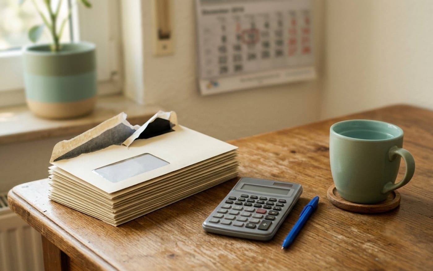 Ein Stapel ungeöffneter Fensterbriefumschläge auf einem Holztisch, daneben ein Taschenrechner, ein Kugelschreiber und eine grüne Tasse, im Hintergrund unscharf ein Wandkalender