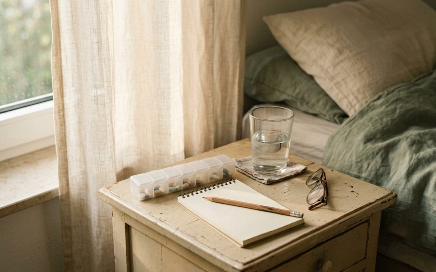 Ein Nachttisch am Fenster mit einer Wochen-Tablettenbox, einem Glas Wasser, einem Notizblock mit Bleistift und einer zusammengelegten Lesebrille im Morgenlicht