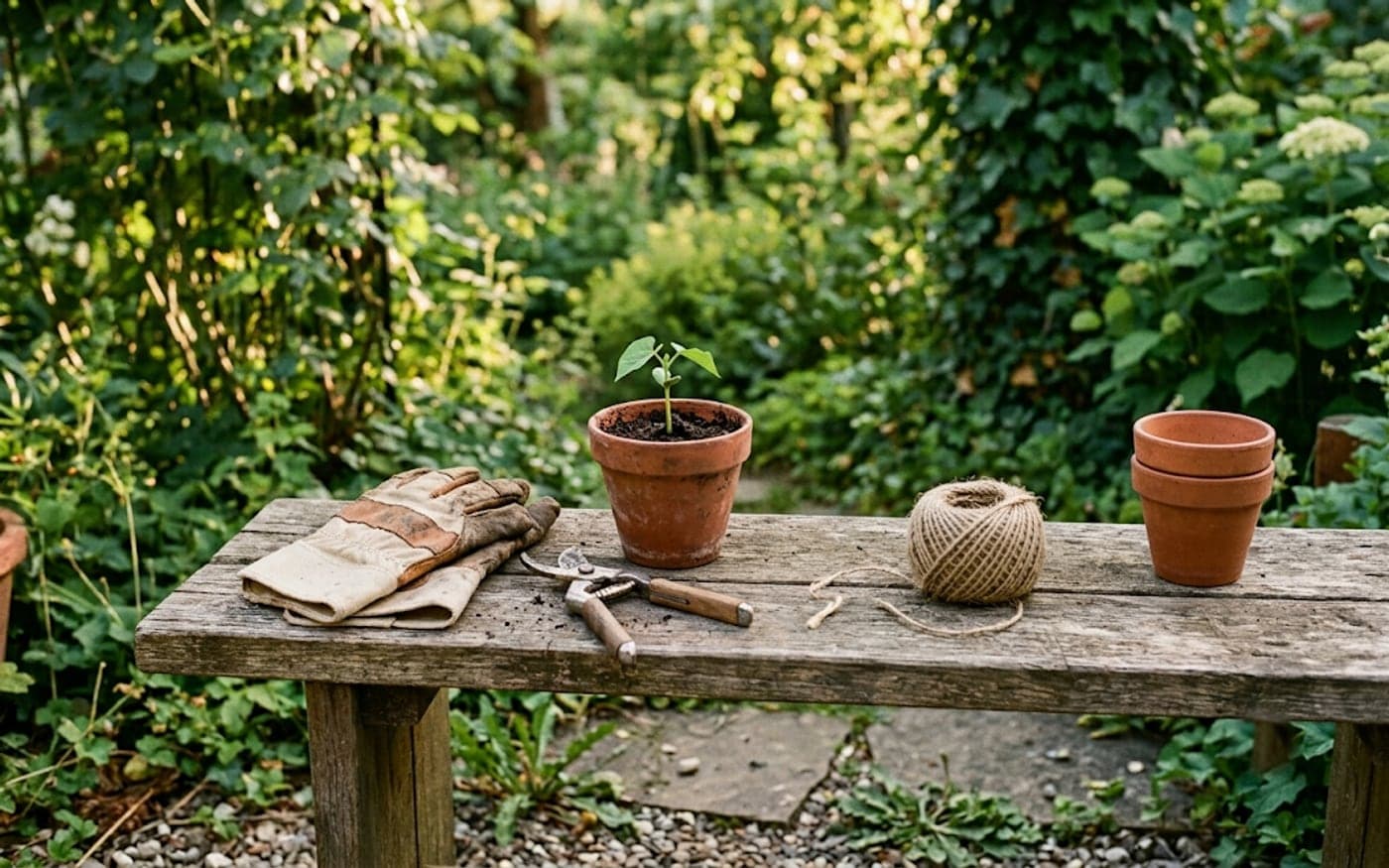 Eine verwitterte Gartenbank mit abgenutzten Gartenhandschuhen, einer Gartenschere, einem Tontopf mit Setzling, einem Knäuel Gartenschnur und zwei leeren Tontöpfen vor grünem Laub