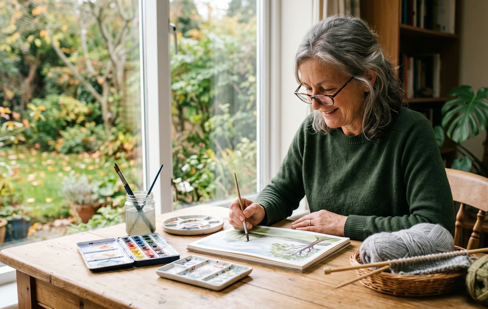 Reife Frau mit grauem Haar malt am Fenster ein Aquarellbild, daneben Wolle und Stricknadeln in einem Korb