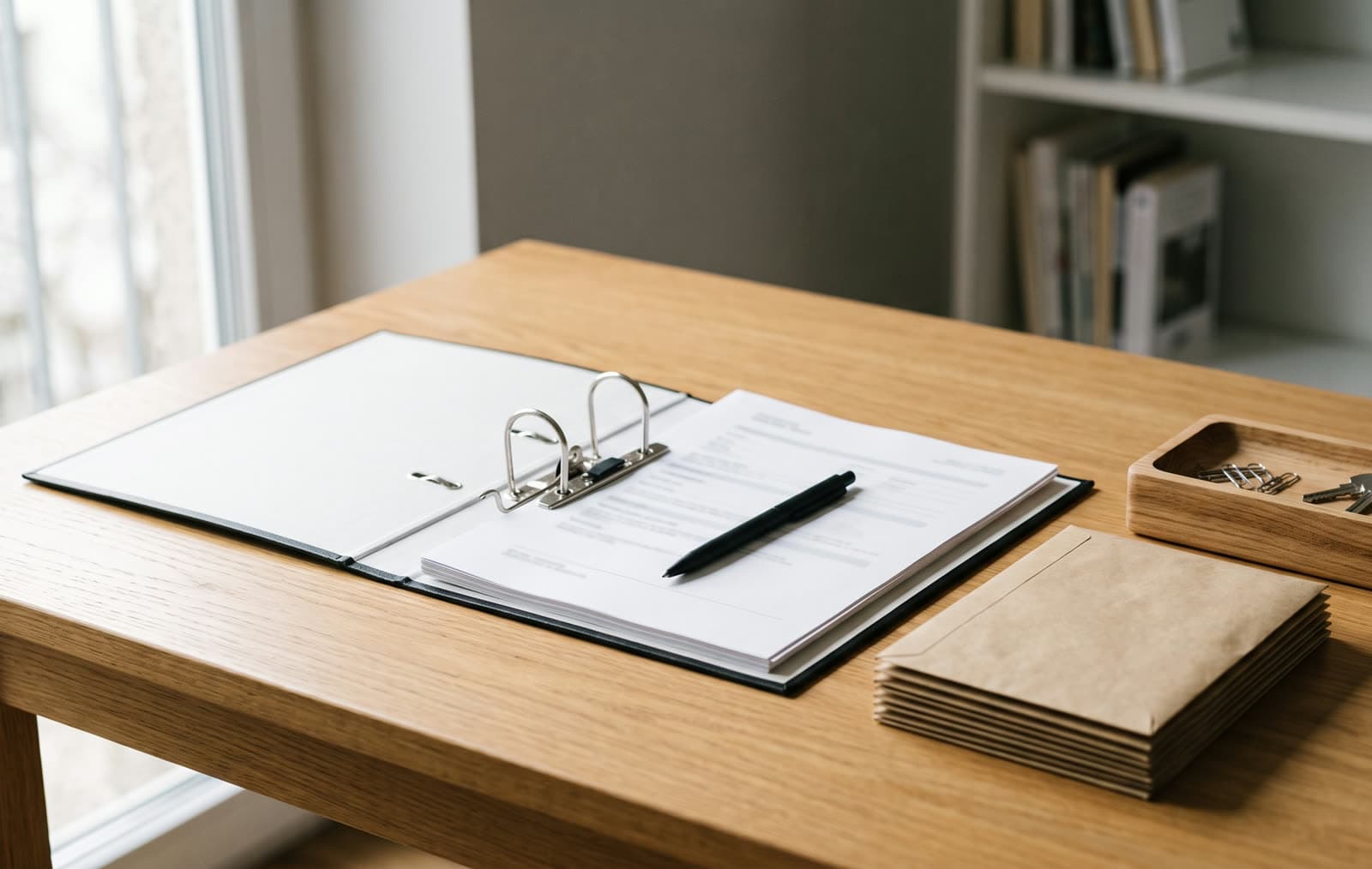 Aufgeräumter Schreibtisch mit Aktenordner, Stift, Briefumschlägen und einer Schale mit Büroklammern und Schlüsseln
