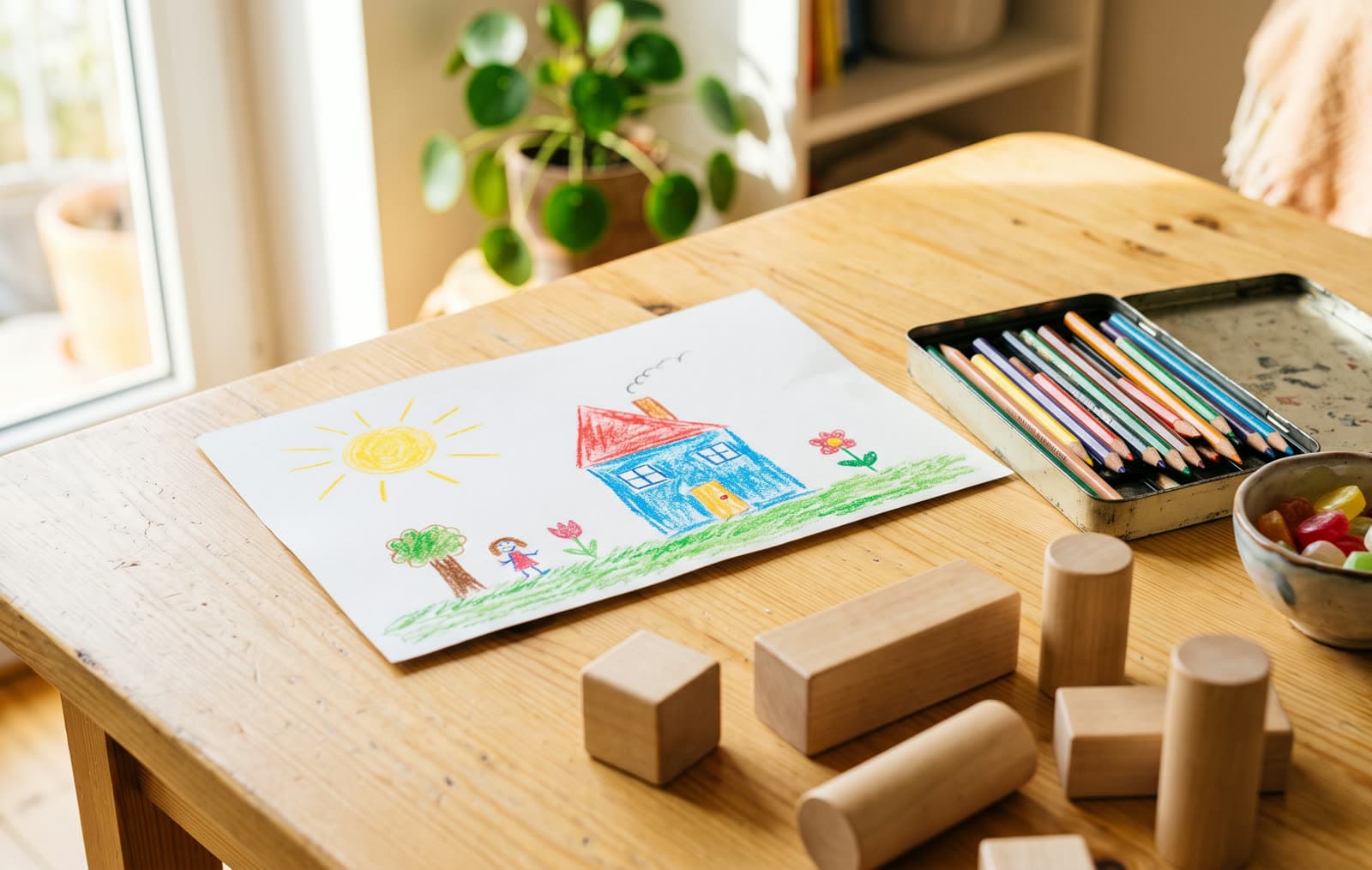 Bunte Kinderzeichnung mit Haus und Sonne neben Buntstiften, einer Bonbonschale und Holzbausteinen auf einem Tisch