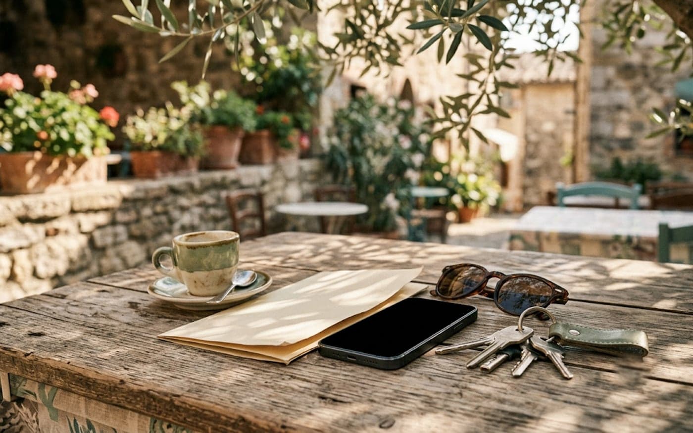 Ein Tisch in einem Straßencafé im Süden mit Espressotasse, einer umgedrehten Speisekarte aus Papier, einem Smartphone mit dunklem Bildschirm, einer Sonnenbrille und einem Schlüsselbund