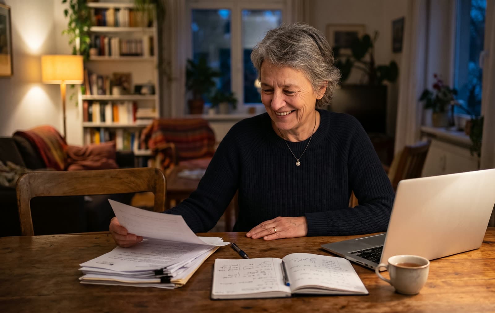 Frau Anfang 60 mit grauem Haar sitzt abends lächelnd am Esstisch, liest ein Papier, davor Notizheft, Papierstapel und aufgeklappter Laptop