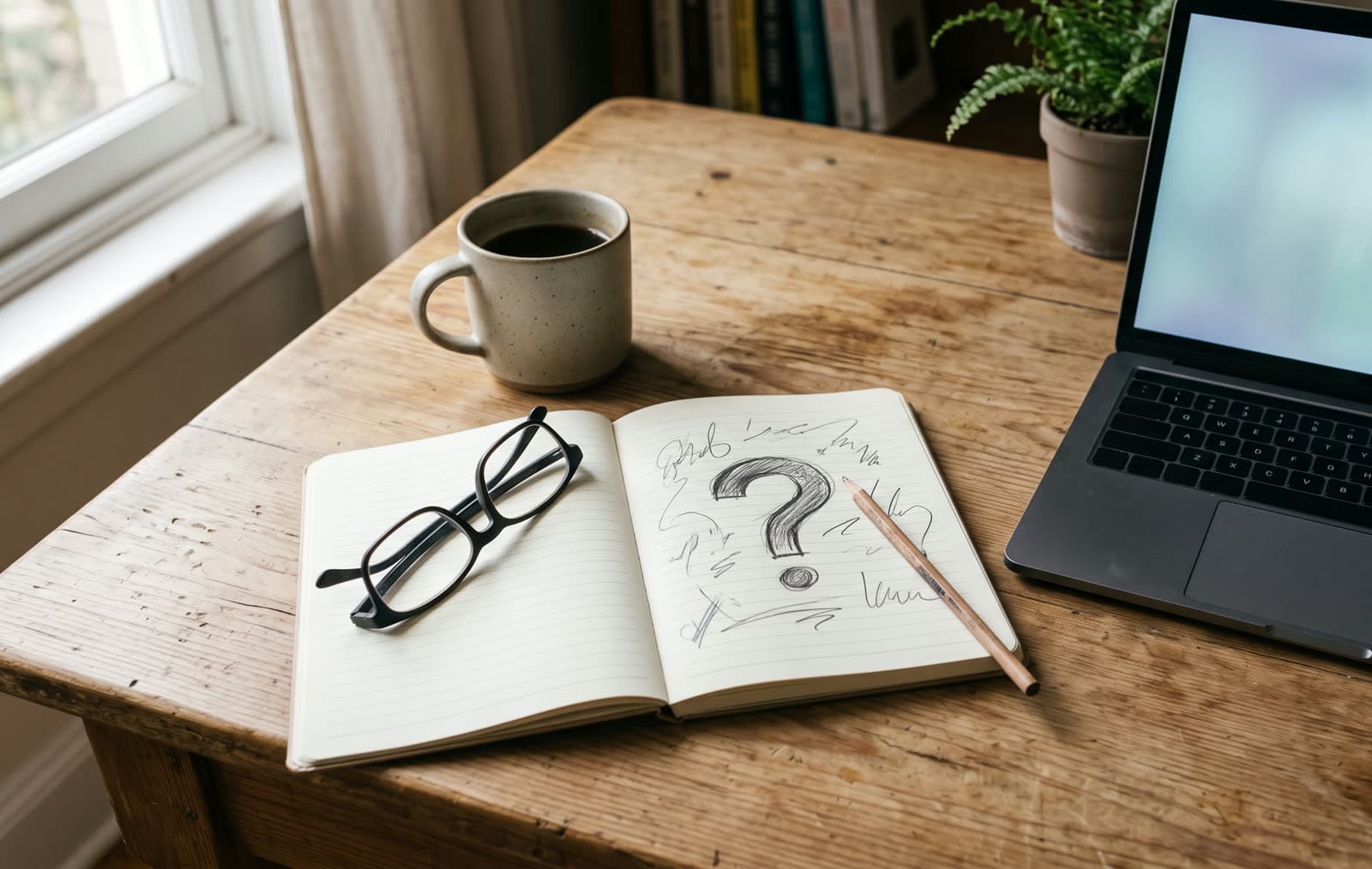 Schreibtisch-Stillleben: aufgeschlagenes Notizbuch mit gezeichnetem Fragezeichen, Lesebrille, Kaffeetasse und Laptop mit diffus leuchtendem Bildschirm