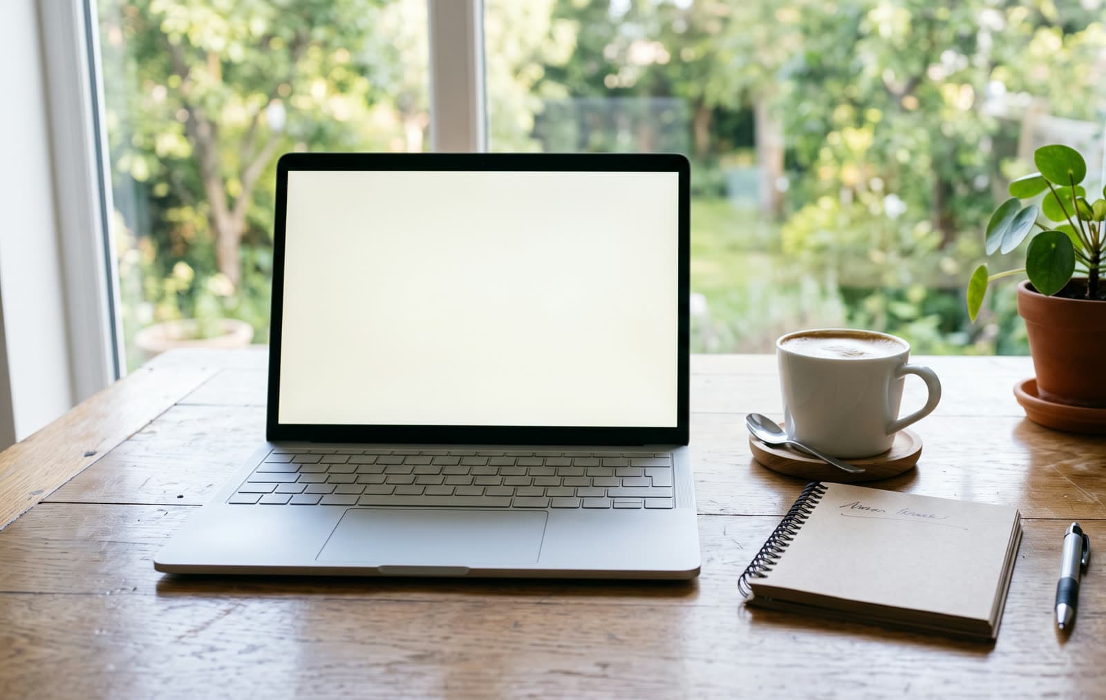 Heller Schreibtisch am Fenster mit aufgeklapptem Laptop mit leuchtendem Bildschirm, Kaffeetasse, Notizblock und Zimmerpflanze