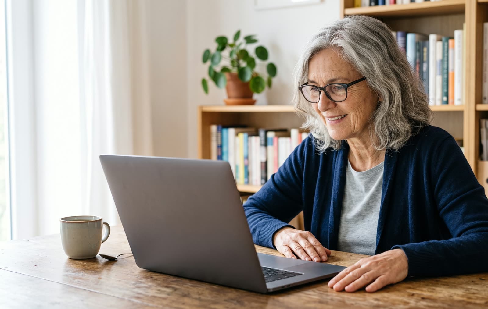 Frau Ende 50 mit grauem Haar und Brille sitzt konzentriert lächelnd vor einem aufgeklappten Laptop, beide Hände auf dem Tisch