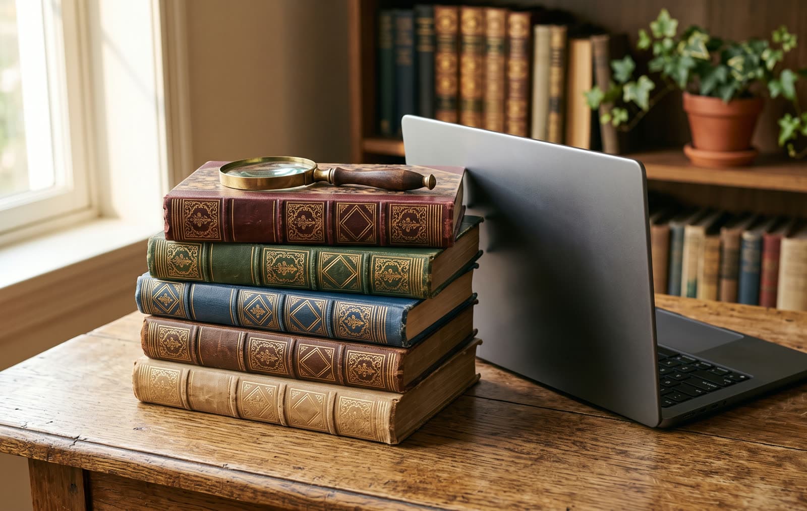 Stapel alter Bücher mit Lupe obenauf neben einem aufgeklappten Laptop, im Hintergrund ein Bücherregal und eine Pflanze