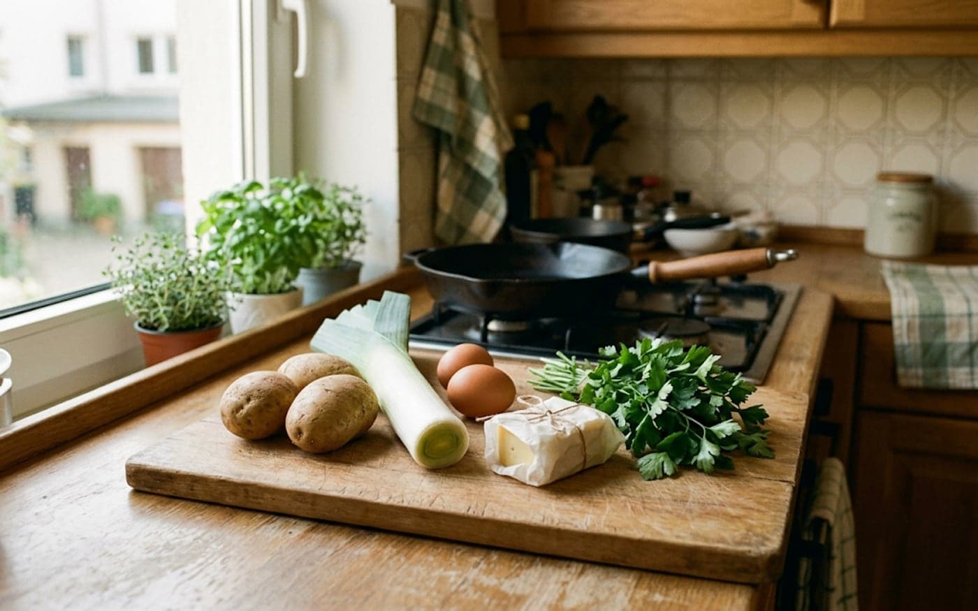 Ein Holzbrett auf der Küchenarbeitsplatte mit drei Kartoffeln, zwei Eiern, einer halben Stange Lauch, einem in Papier gewickelten Stück Käse und einem Bund Petersilie, dahinter unscharf eine Pfanne auf dem Herd