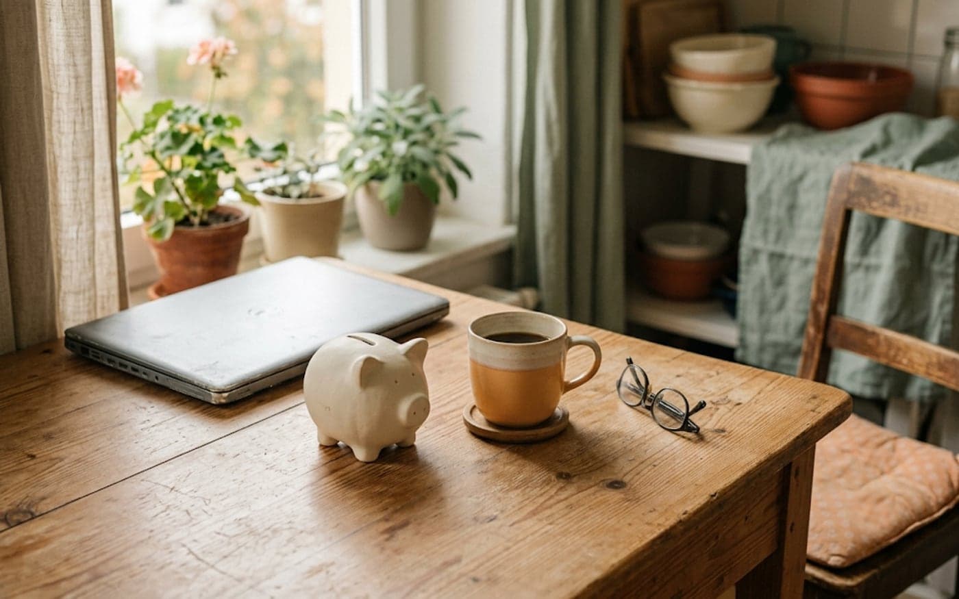 Ein Küchentisch am Fenster mit einem kleinen Sparschwein aus Keramik, einem zugeklappten Laptop, einer Tasse Kaffee und einer Lesebrille