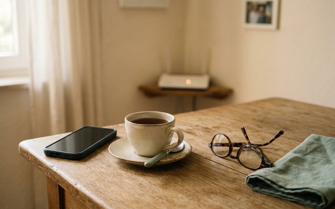 Ein Beistelltisch mit einem Smartphone mit dunklem Bildschirm, einer kalt gewordenen Tasse Tee, einer Lesebrille und einem Tuch, im unscharfen Hintergrund ein kleiner WLAN-Router