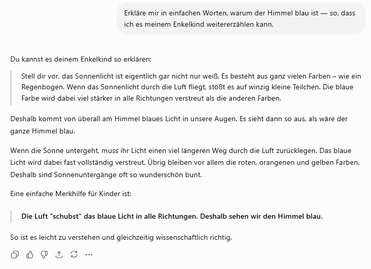 Bildschirmfoto von ChatGPT. Die KI erklärt in kurzen Absätzen, dass Sonnenlicht aus vielen Farben besteht und die blaue Farbe in der Luft am stärksten gestreut wird, warum Sonnenuntergänge rot sind, und fasst am Ende eine Merkhilfe für Kinder zusammen.