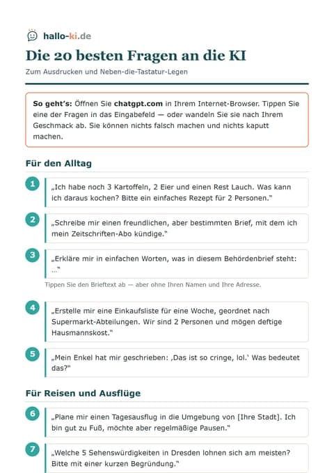 Vorschau: die erste Seite der PDF-Liste mit den 20 besten Fragen an die KI