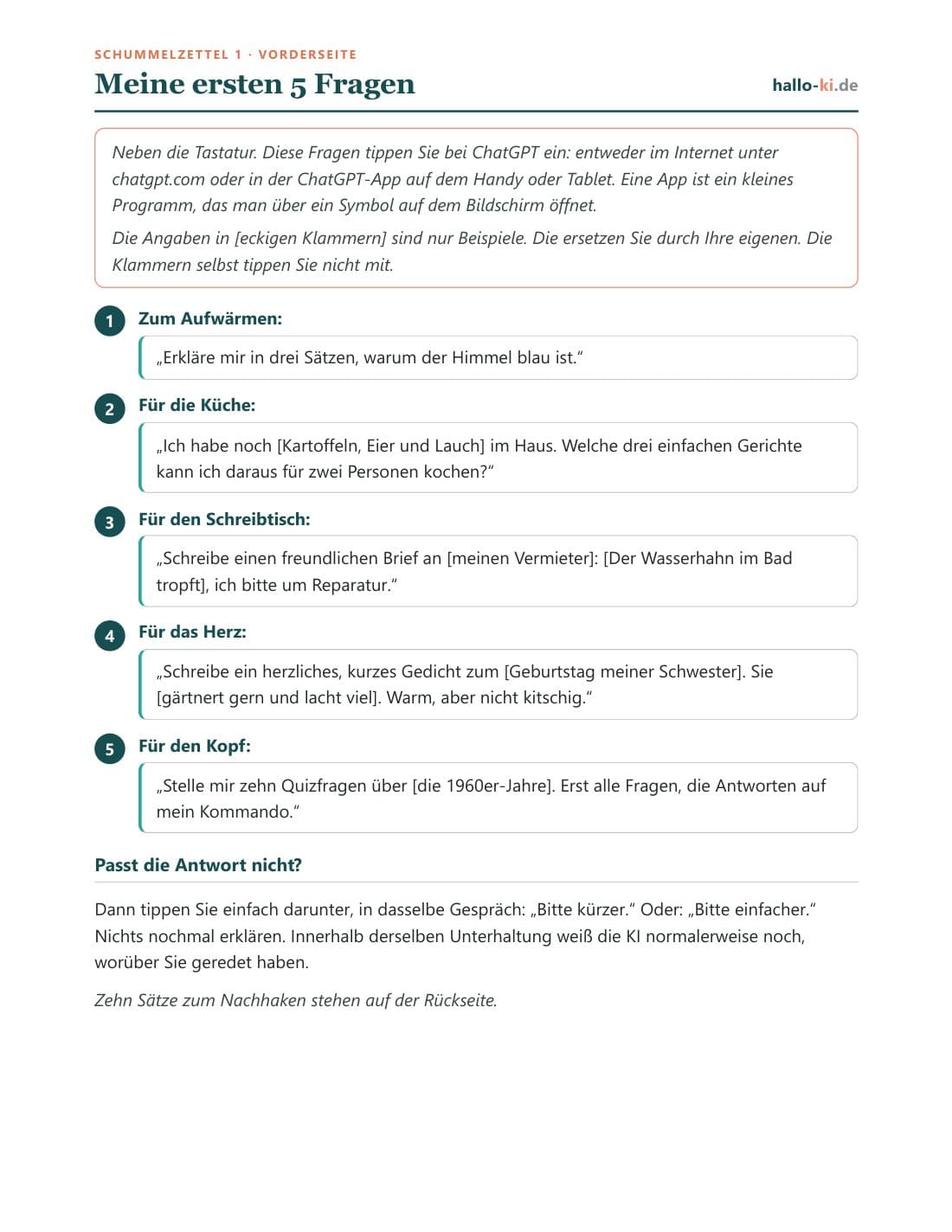 Vorschau: Schummelzettel 1 (Meine ersten 5 Fragen) — die erste Seite aus dem PDF